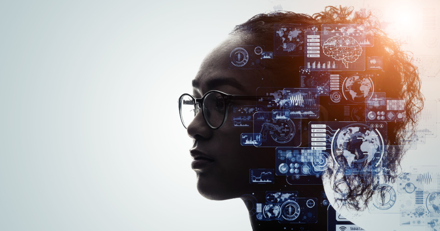 Human and technology concept. AI (Artificial Intelligence). Communication network.