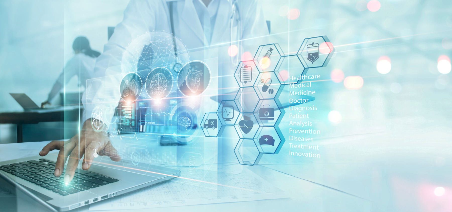 Doctor analyzing and diagnosis patient health with medical innovative technology on laptop. Medical science development technology prevent people life from health illness and emerging diseases.