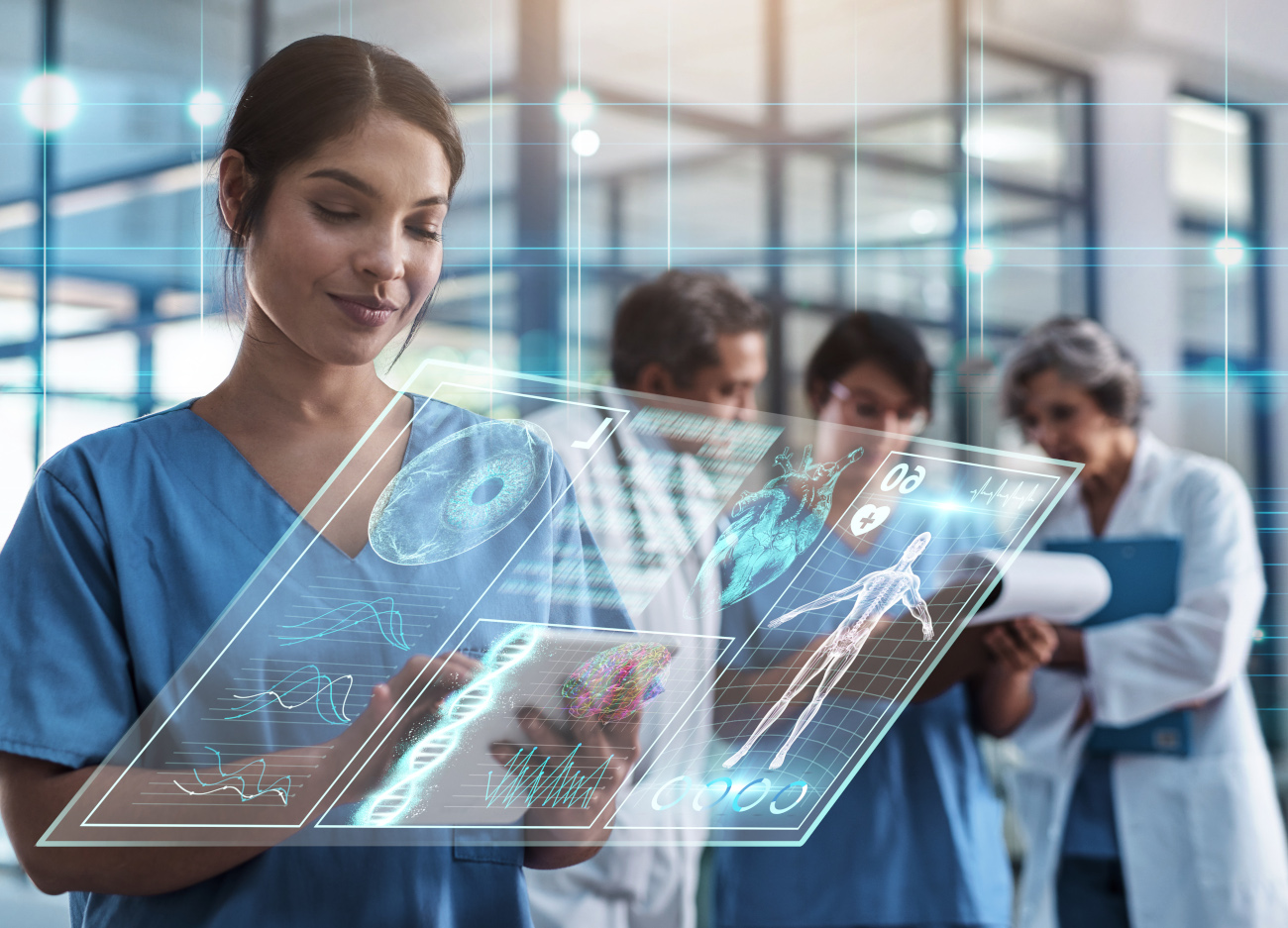 Doctor, woman and tablet in hospital with holographic ux for telehealth, medical innovation and dna study. Medic, mobile touchscreen for typing on app for data analysis, 3d hologram ui and research